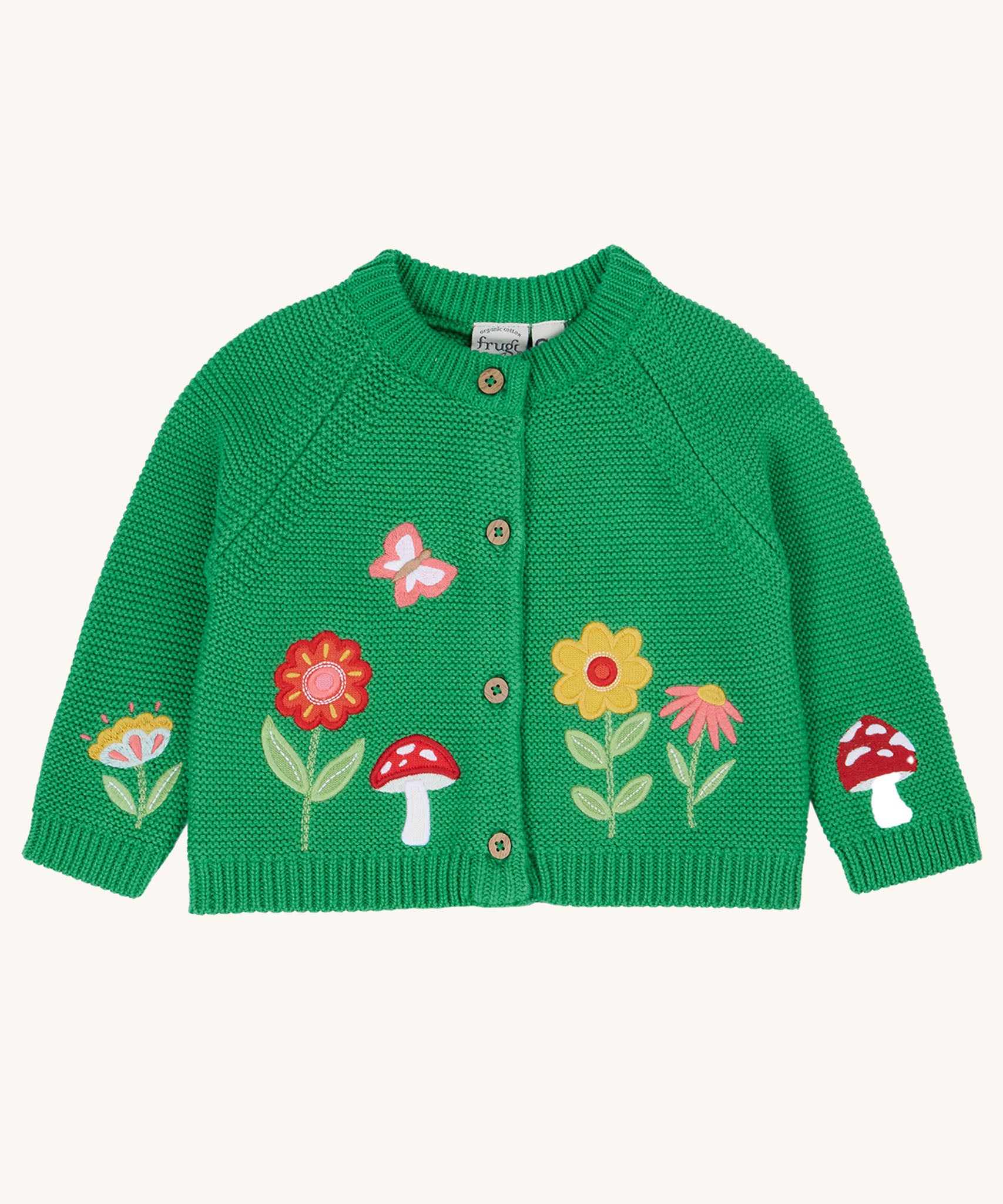 Frugi colby clover green coloured knitted organic cotton cardigan with flower, butterfly and mushroom appliques on the front.
