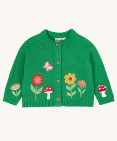 Frugi colby clover green coloured knitted organic cotton cardigan with flower, butterfly and mushroom appliques on the front.