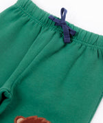 A close up of the navy coloured waist tie on the Frugi holly green coloured frog beaver crawlers kids organic ccotton joggers. 
