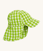 Frugi little seersucker sun hat - GOTS organic cotton baby sun hat in a green and white gingham colourway. Features a front peak and protective neck for protection.
