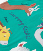 A close up of the Frugi kids long neck pals t-shirt. Showing the different long necked animals appliqué including a giraffe and gerenuk with long neck slogan across the t-shirt and animal names on green organic cotton fabric