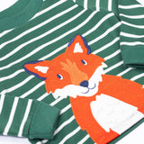 A close up of the front of the Frugi easy on long sleeved top holly green breton stripe with fox applique.