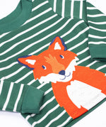 A close up of the front of the Frugi easy on long sleeved top holly green breton stripe with fox applique.