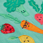 Frugi kids green fleece jumper with veg design veg detail