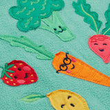 Frugi kids green fleece jumper with veg design veg detail