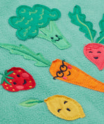 Frugi kids green fleece jumper with veg design veg detail