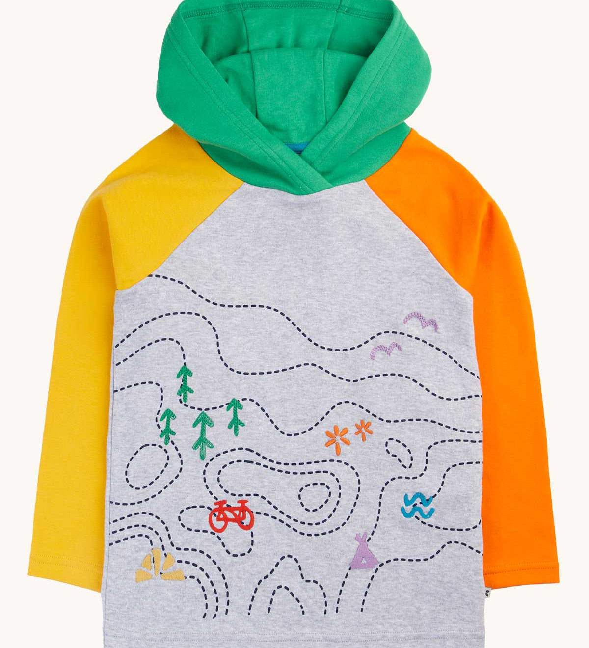 Frugi grey marl hoodie with one orange and one yellow sleeve and green hood and embroidered details on the front. Black map outlines, a red bike and trees and birds.