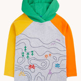 Frugi grey marl hoodie with one orange and one yellow sleeve and green hood and embroidered details on the front. Black map outlines, a red bike and trees and birds.