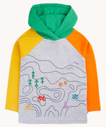 Frugi grey marl hoodie with one orange and one yellow sleeve and green hood and embroidered details on the front. Black map outlines, a red bike and trees and birds.