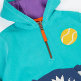 A close up of the zip up closure on the front of the Frugi Hadley hoodie op with dog applique on the front.
