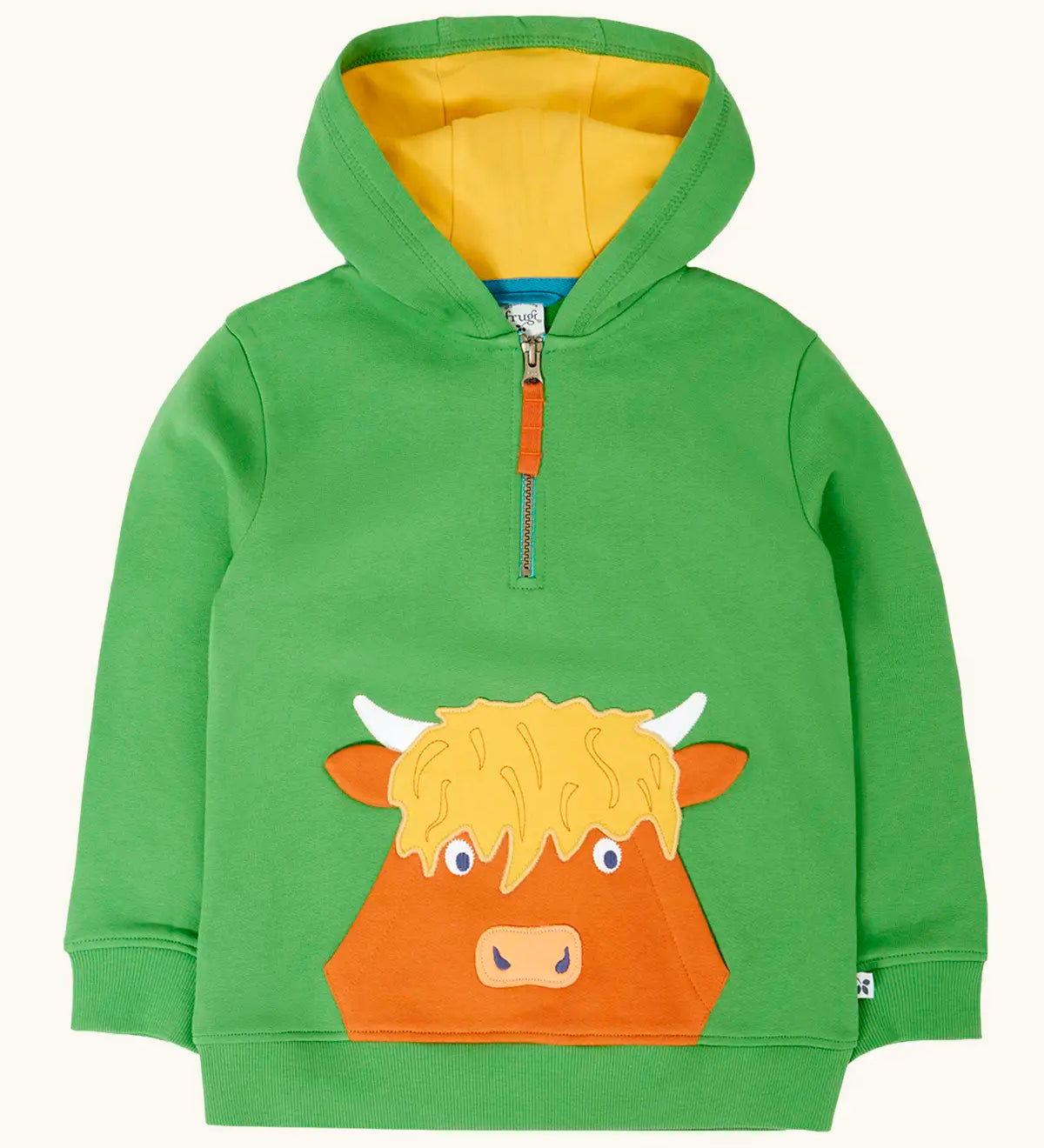 Frugi Hadley half zip hoodie in palm green with a highland cow applique on the front that incorporates a kangaroo pocket.