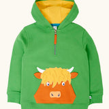 Frugi Hadley half zip hoodie in palm green with a highland cow applique on the front that incorporates a kangaroo pocket.