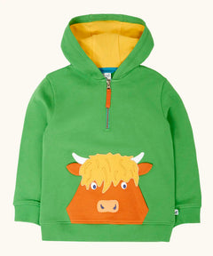 Frugi Hadley half zip hoodie in palm green with a highland cow applique on the front that incorporates a kangaroo pocket.