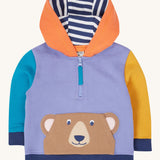The Frugi half zip organic cotton kids' hoodie, with a bear on the front pocket 