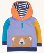 The Frugi half zip organic cotton kids' hoodie, with a bear on the front pocket 
