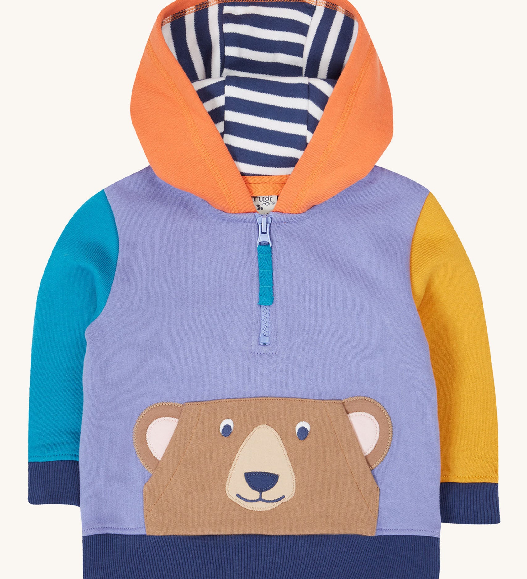 The Frugi half zip organic cotton kids' hoodie, with a bear on the front pocket 