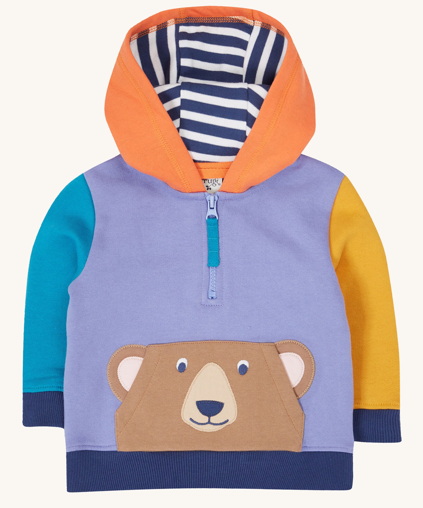 The Frugi half zip organic cotton kids' hoodie, with a bear on the front pocket 