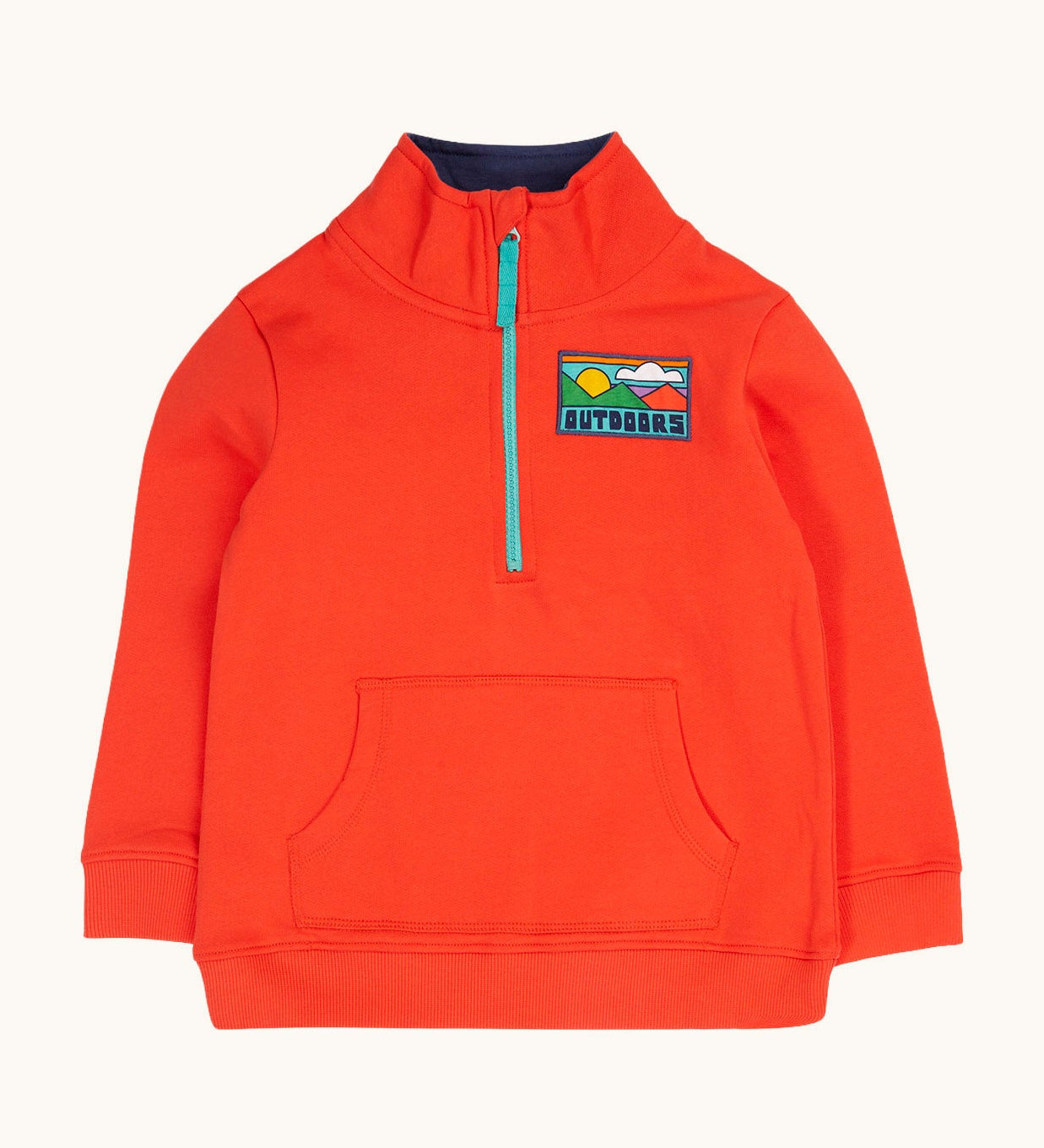 Frugi Half Zip Organic Cotton Papaya orange Jumper with Outdoors colour block style graphic details on the chest. 