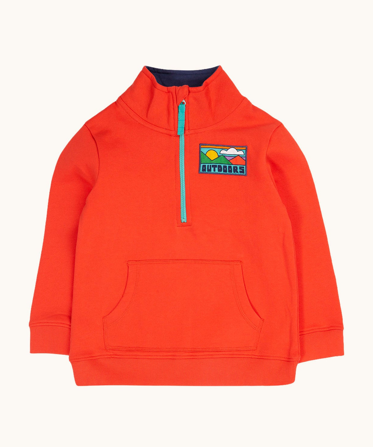 Frugi Half Zip Organic Cotton Papaya orange Jumper with Outdoors colour block style graphic details on the chest. 