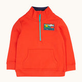 Frugi Half Zip Organic Cotton Papaya orange Jumper with Outdoors colour block style graphic details on the chest. 