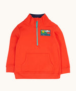 Frugi Half Zip Organic Cotton Papaya orange Jumper with Outdoors colour block style graphic details on the chest. 