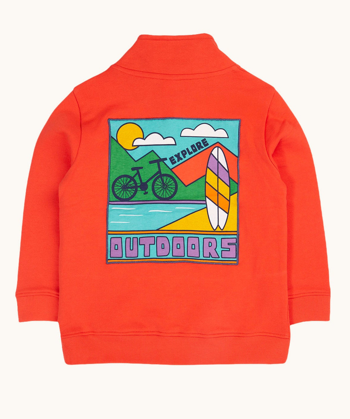 The back of the Frugi Half Zip Organic Cotton Papaya orange Jumper with large Outdoors colour block style graphic. A large square filled with an outdoor scene featuring a surfboard, bike, water, mountains and sun with the word outdoors written in bold font.