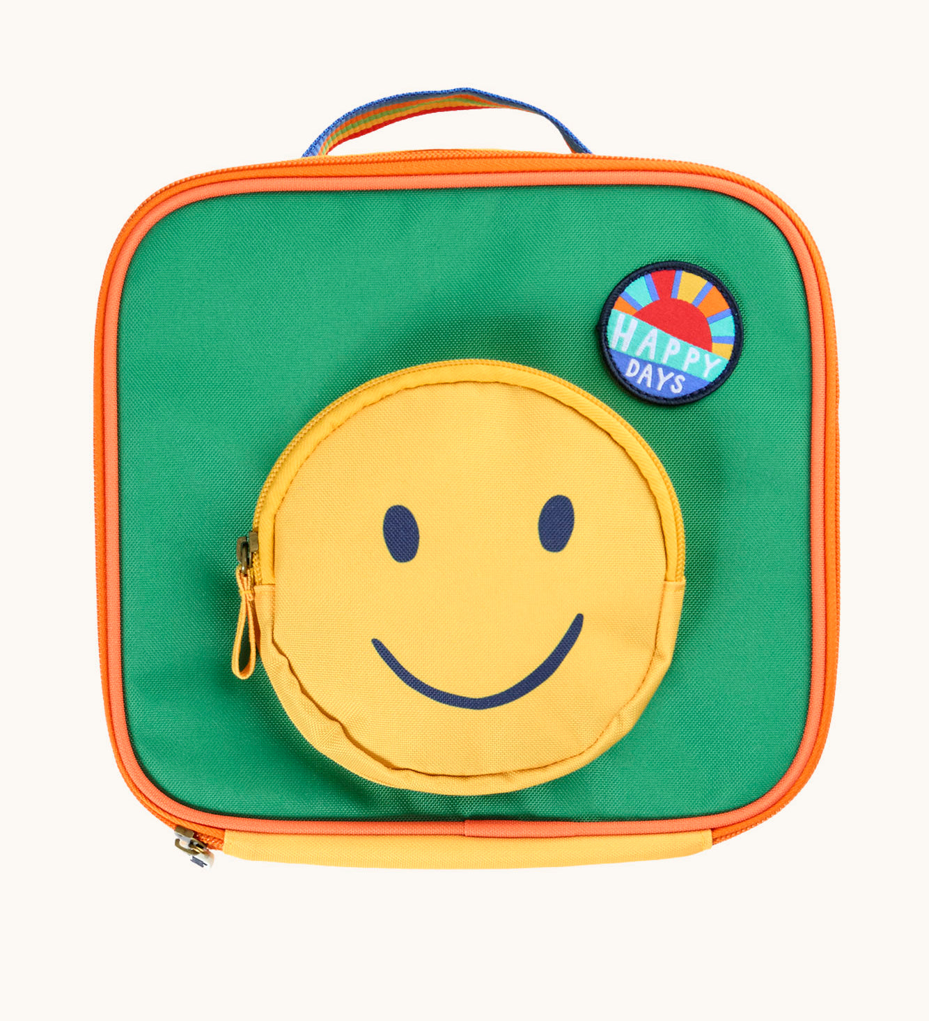 Front of the Frugi happy smiley face rectangular lunch bag. A green coloured front with orange binding around the edges and a circular shaped zipped pocket in the middle featuring the happy smiley face. 