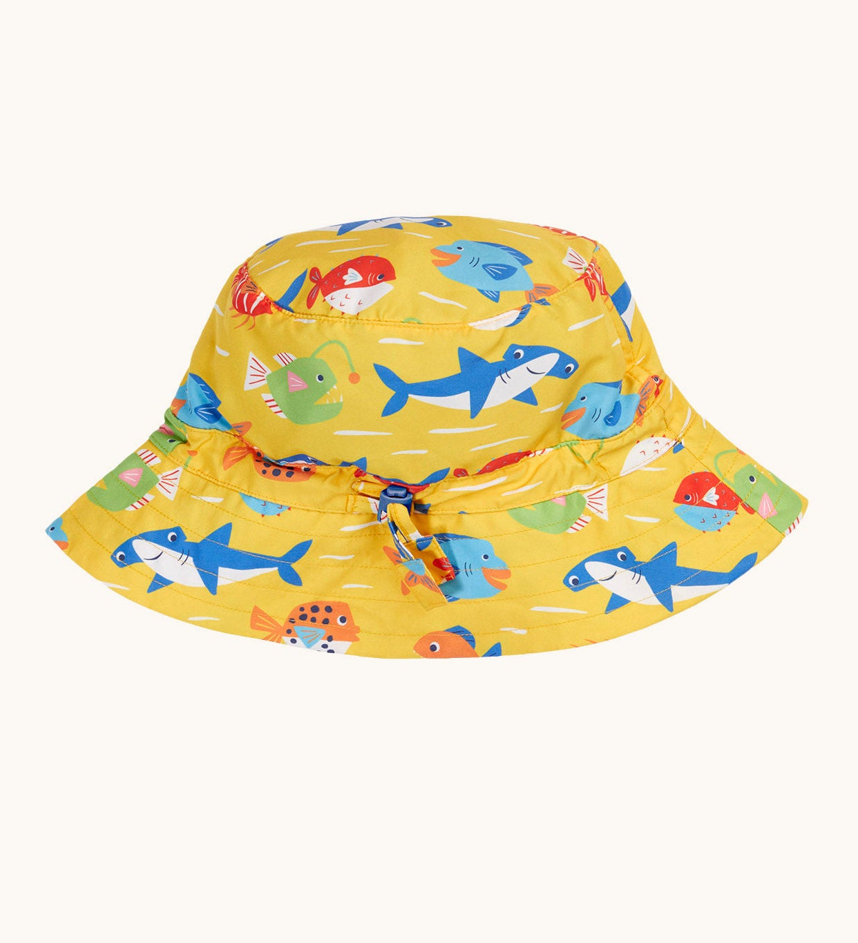 Frugi yellow adjustable swim hat with an all over colourful fish and shark sealife design.