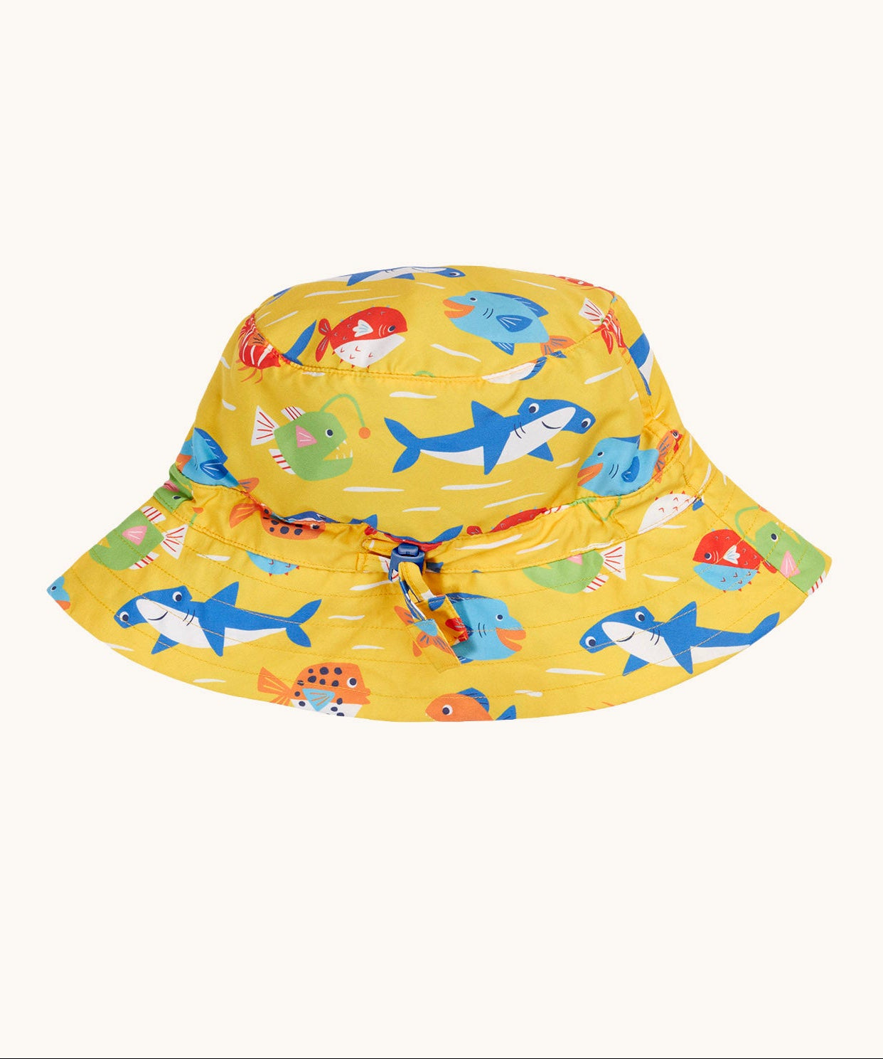 Frugi yellow adjustable swim hat with an all over colourful fish and shark sealife design.
