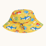 Frugi yellow adjustable swim hat with an all over colourful fish and shark sealife design.