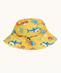 Frugi yellow adjustable swim hat with an all over colourful fish and shark sealife design.