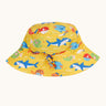 Frugi yellow adjustable swim hat with an all over colourful fish and shark sealife design.
