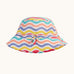 Frugi adjustable swim hat with a rainbow wave print in pink, white, yellow, purple, peach and turquoise.