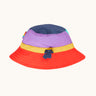 Frugi swim hat with adjustable toggle navy, purple yellow and orange coloured panels.