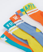 Close up of the Frugi kids have fun sunnie socks 5 pack. Showing the elasticated cuffs with different fun Frugi slogan on vibrant organic cotton fabric.