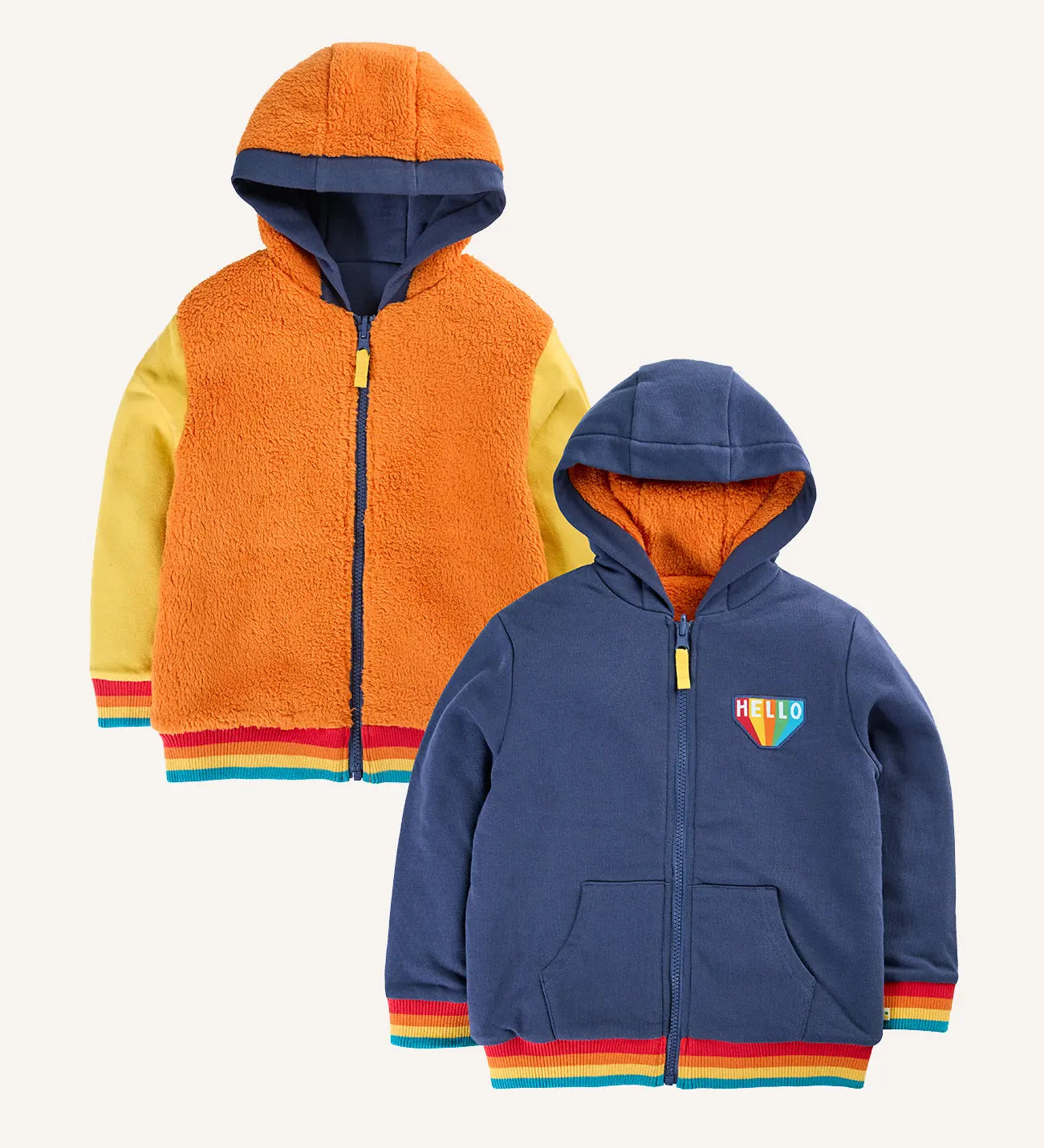 Frugi Helston reversible hoodie jacket. One side is navy cotton with a hello badge design on the chest  with a orange fleece body and yellow sleeves on the other.