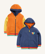 Frugi Helston reversible hoodie jacket. One side is navy cotton with a hello badge design on the chest  with a orange fleece body and yellow sleeves on the other.