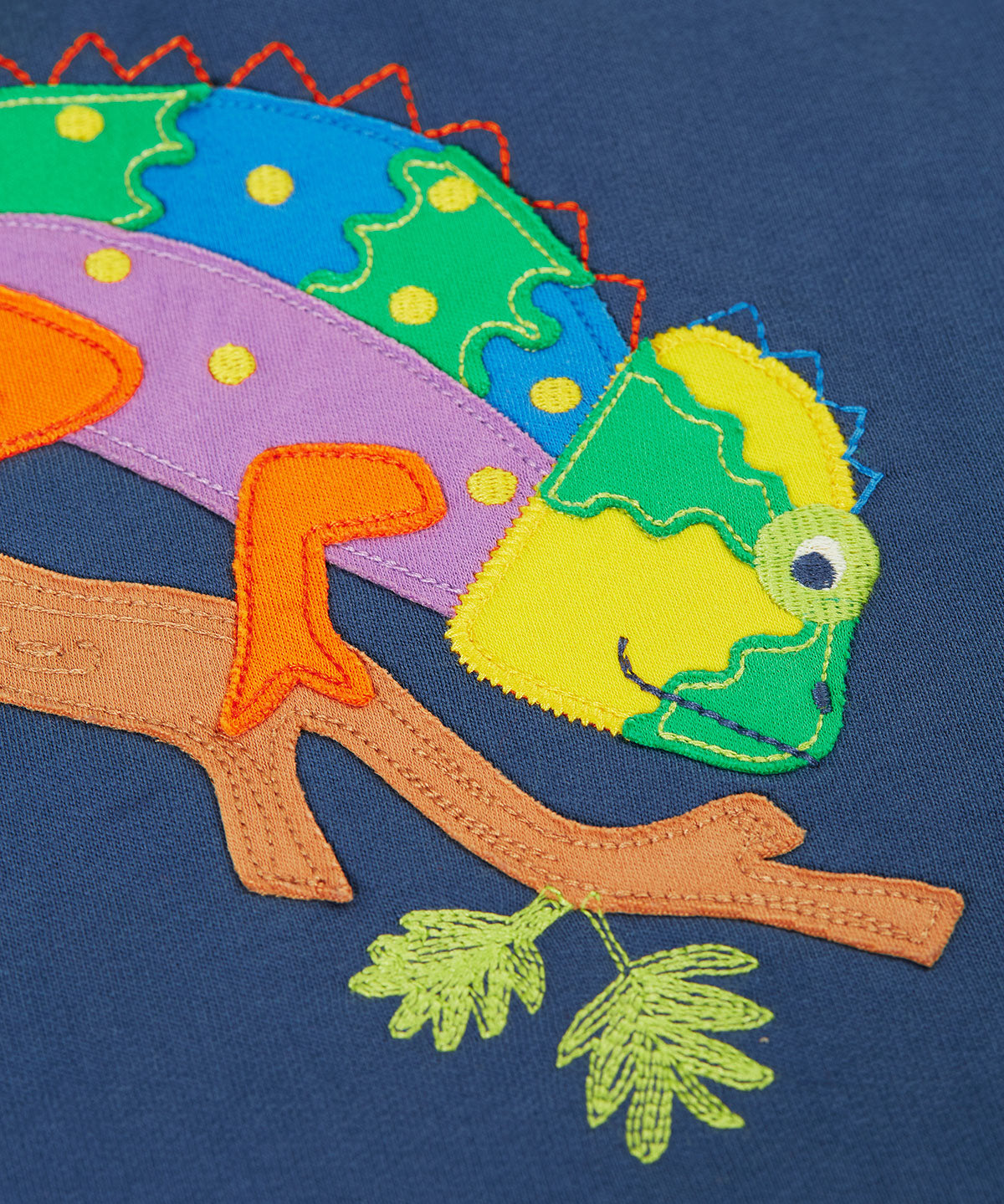 A close up of the chameleon applique on the front of the Frugi children's organic cotton hoodie. The multi coloured chameleon applique has embroidered details. 
