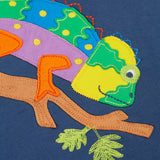 A close up of the chameleon applique on the front of the Frugi children's organic cotton hoodie. The multi coloured chameleon applique has embroidered details. 