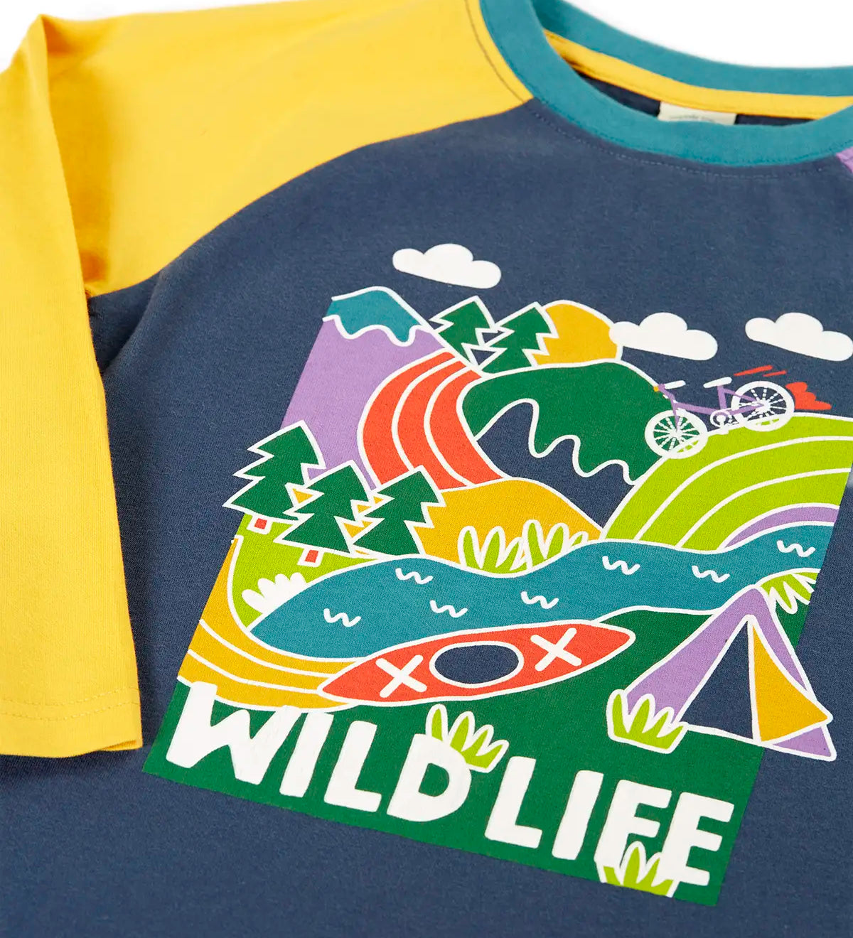 Frugi horizon raglan long sleeve organic cotton top laid flat showing close up of the playful wildlife themed print on the front and yellow raglan sleeve