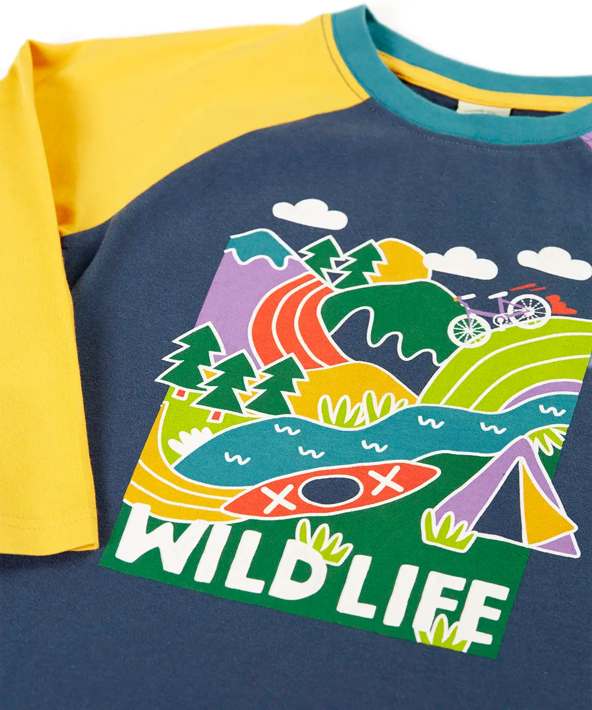 Frugi horizon raglan long sleeve organic cotton top laid flat showing close up of the playful wildlife themed print on the front and yellow raglan sleeve