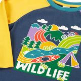 Frugi horizon raglan long sleeve organic cotton top laid flat showing close up of the playful wildlife themed print on the front and yellow raglan sleeve