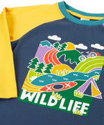 Frugi horizon raglan long sleeve organic cotton top laid flat showing close up of the playful wildlife themed print on the front and yellow raglan sleeve