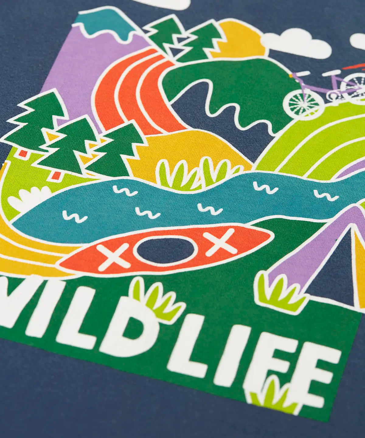 Frugi horizon raglan long sleeve organic cotton top laid flat showing close up of the playful wildlife themed print on the front on navy organic cotton fabric