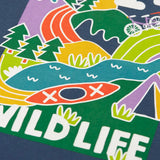 Frugi horizon raglan long sleeve organic cotton top laid flat showing close up of the playful wildlife themed print on the front on navy organic cotton fabric