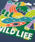 Frugi horizon raglan long sleeve organic cotton top laid flat showing close up of the playful wildlife themed print on the front on navy organic cotton fabric