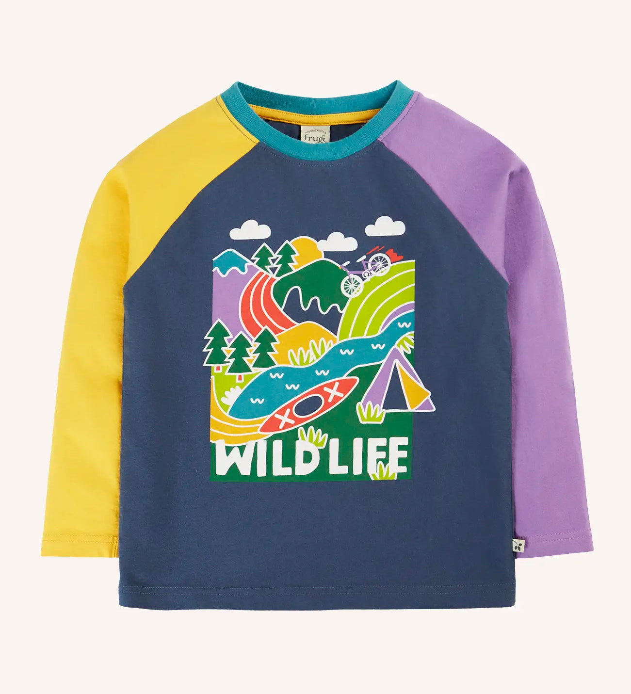 Frugi horizon raglan long sleeve organic cotton top in navy with purple and yellow sleeves featuring a large wildlife themed graphic on the front.
