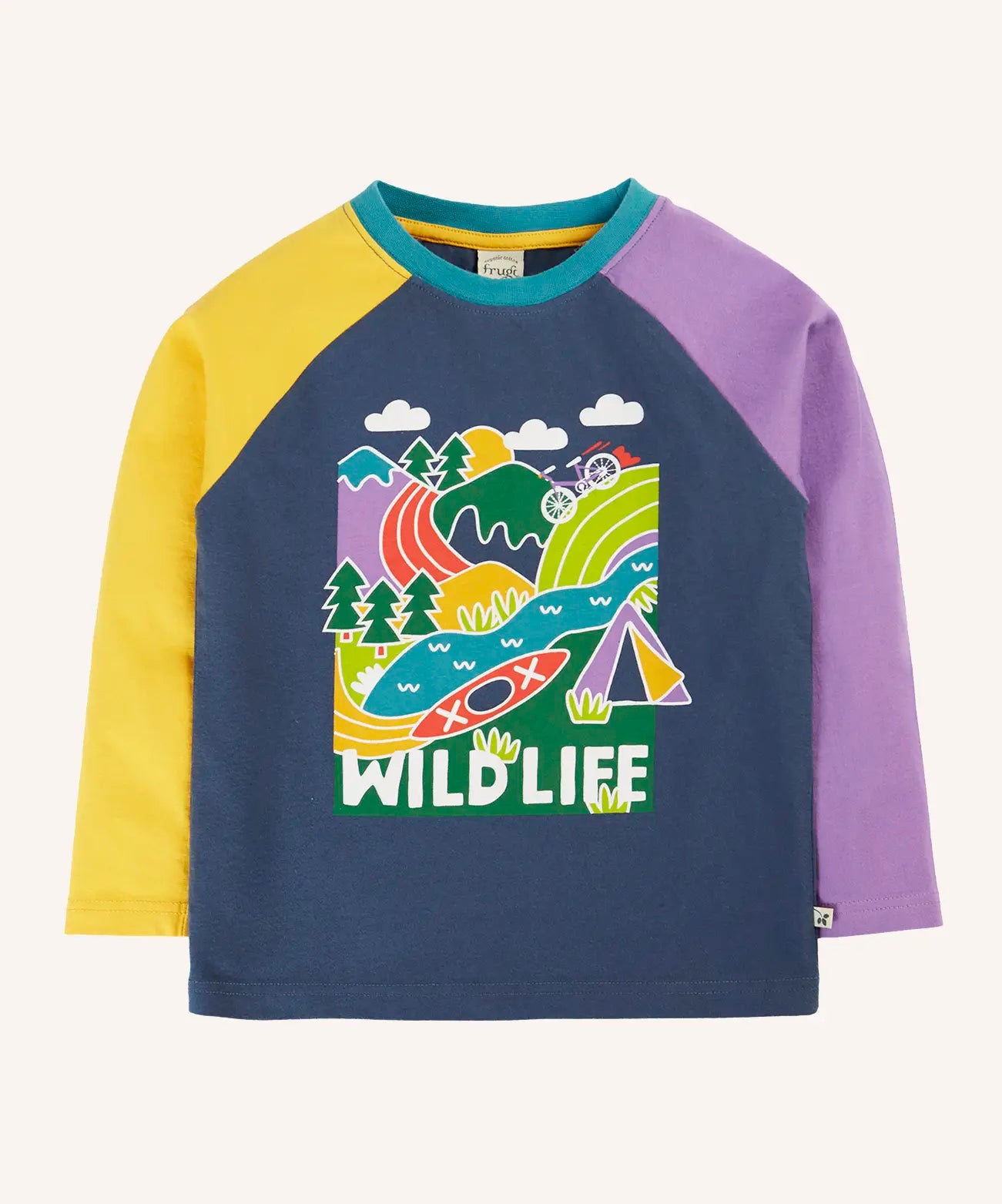 Frugi horizon raglan long sleeve organic cotton top in navy with purple and yellow sleeves featuring a large wildlife themed graphic on the front.
