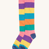 A close up of the pastel inspired striped knee high sock from the Frugi kids hygge high knee socks in patchwork 2 pack. Showing the striped detail on organic cotton fabric.