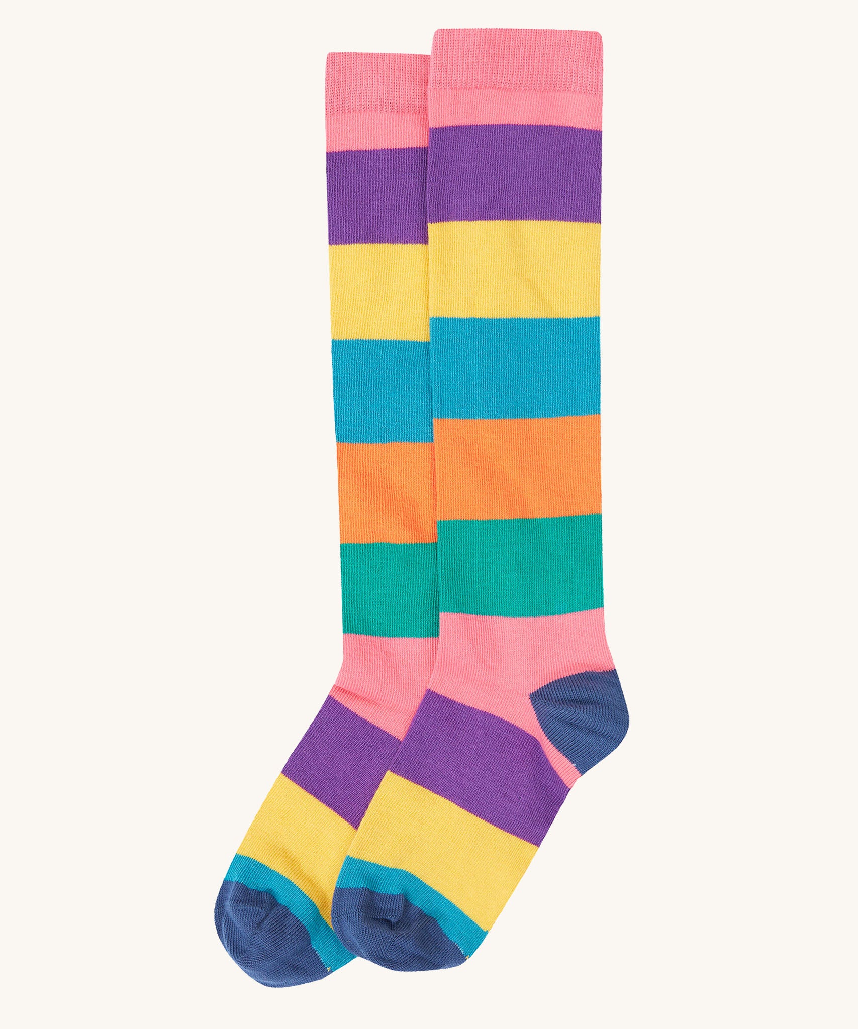 A close up of the pastel inspired striped knee high sock from the Frugi kids hygge high knee socks in patchwork 2 pack. Showing the striped detail on organic cotton fabric.
